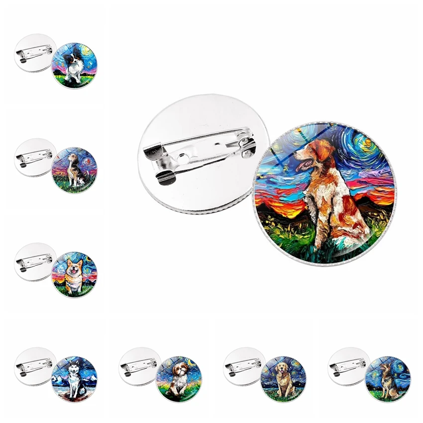 Popular Jewelry Dome Glass Alloy Brooch Van Gogh Oil Painting Husky Dogs Cute and Versatile Brooch