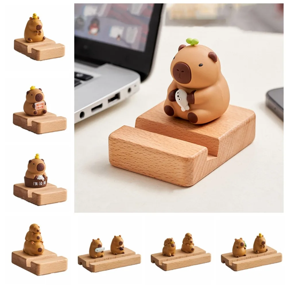 Figure Model Capybara Phone Holder PVC Doll Desk Decor Capybara Mobile Phone Stand Support Wooden Capybara Cell Phone Bracket