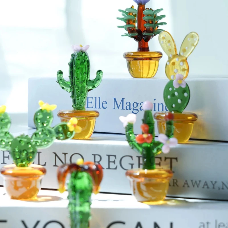 Mini Glass Bonsai Statue Cactus and Sunflower Figurine Bedroom Plant Ornament Desktop Simulation Decoration Cute Decorative