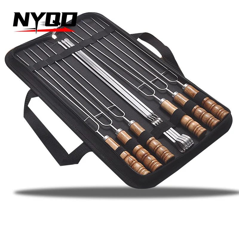 BBQ Outdoor Picnic Barbecue Fork Stainless Steel Skewers Wooden Handle Double Fork Camping Tools Set Tableware