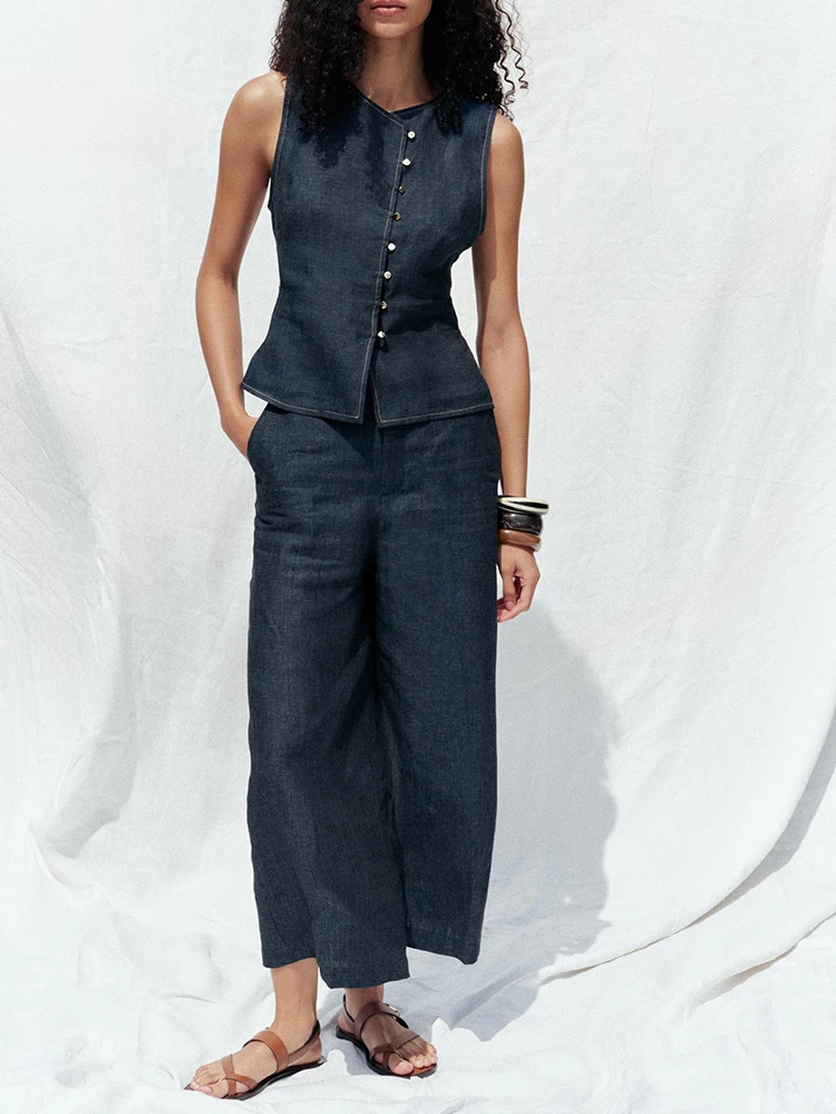 

Summer New Arrival Women's Svel Vest And Long Pants Faion Set round Ne Button up Sle ort Sve Clothing