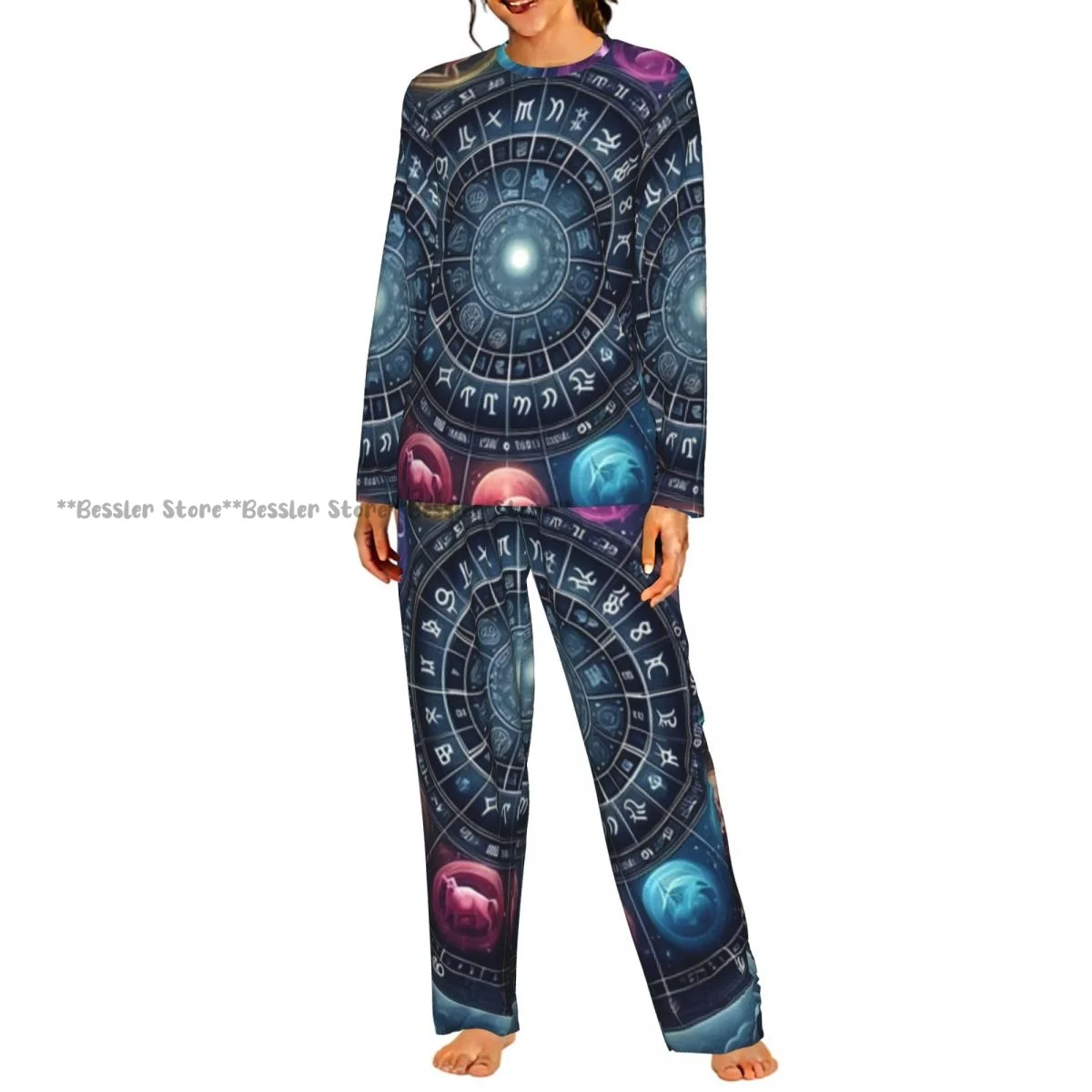 2 Piece Women Round Neck Pajamas Set Long Sleeve Long Pants Zodiac Circle Homewear Casual Daily Sleepwear