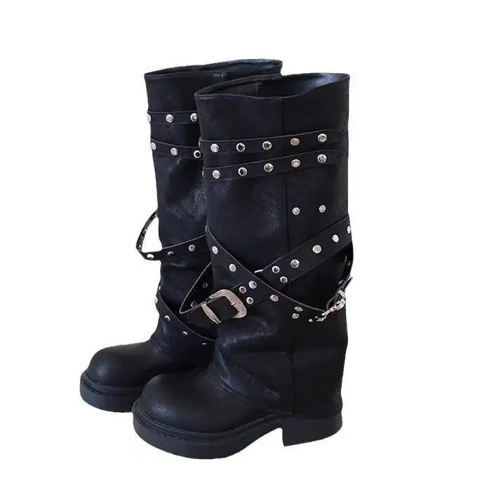 

Women Platform Gothic Ankle Combat Boots Rivet Chain Wedges Punk Cosplay Zip Booties Autumn Winter Motorcycle Shoes