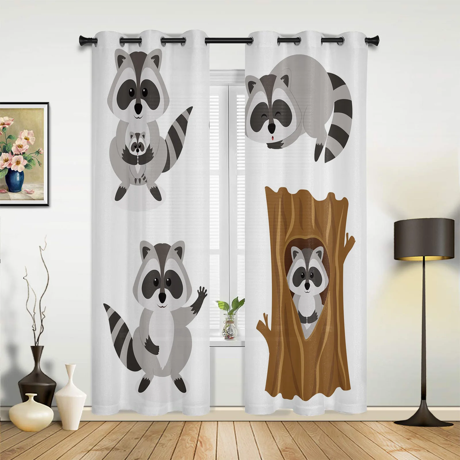 Raccoon Black Ash Big Tree Arbor  Window Curtains for Living Room Home Textile Modern Bedroom Decor Window Treatments Drapes