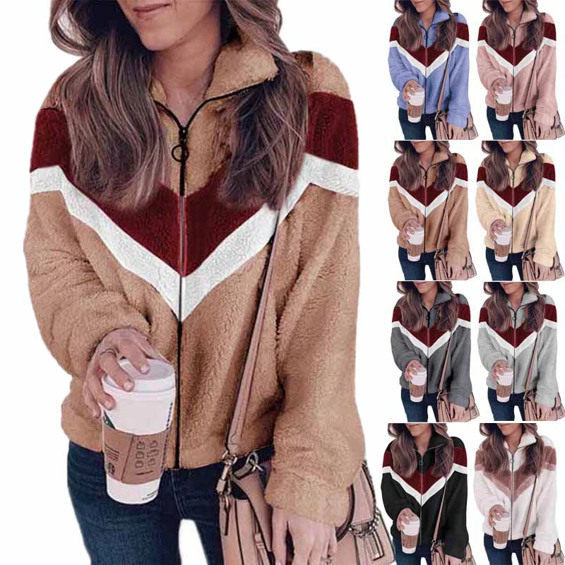 

2023 Autumn and Winter New Women's Zipper Cardigan Contrast Color Coat Top Fashion Casual Street Style Coat