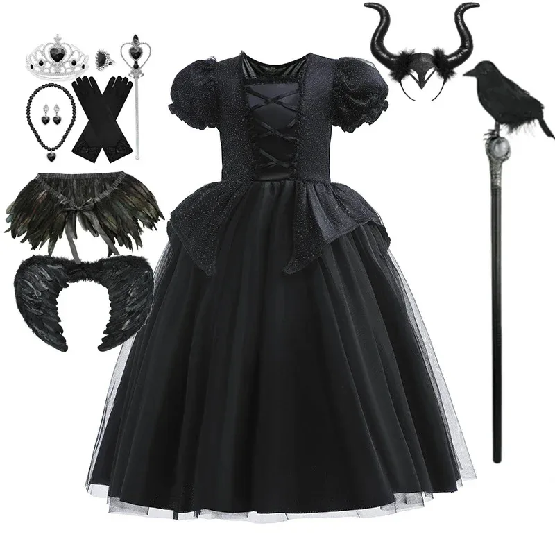 

Halloween Costume for 2-10 Years Girls Maleficent Mesh Princess Dress Black Witch Role Play Cosplay Costume Party Fantastic Gown