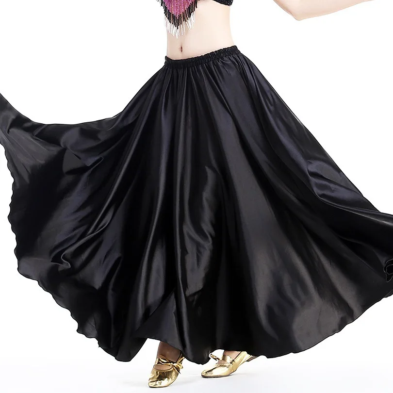 

1pcs/lot woman fashion solid satin belly dance long skirt lady 540 degree satin long skirt