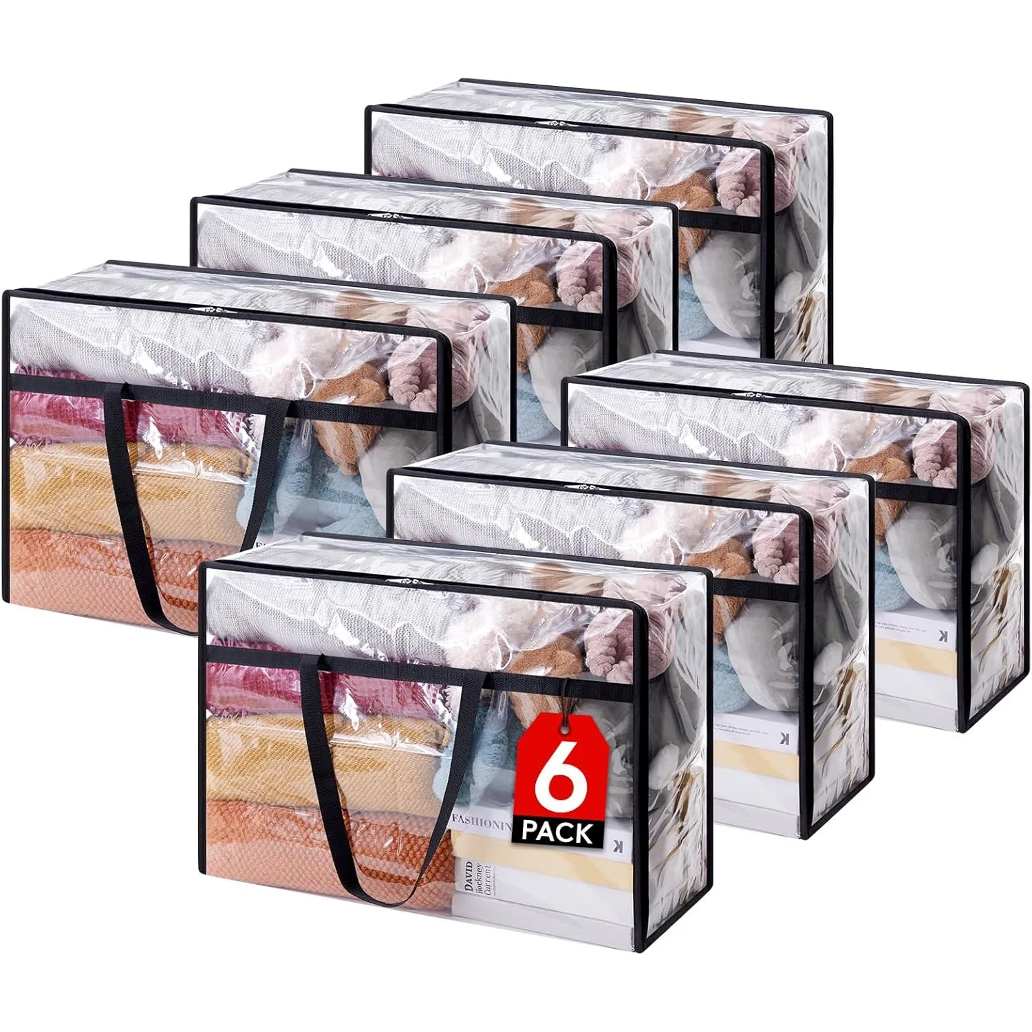 

6 Pack Clear Clothes Storage Bags, 60L Plastic Blanket Storage Bag, Vinyl Foldable Moving Bags with Zipper, Closet Organizers