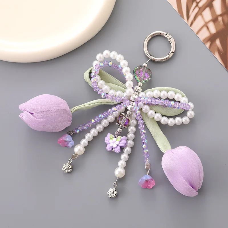 

Cute Pearl Bow Tulip Flowers Charm Keychain for Women's Purse Hanging Accessories Y2k DIY Bag Pendant Decor Accessories