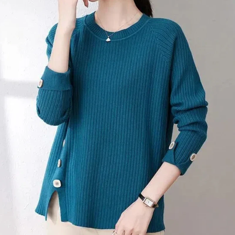 Korean Autumn/Winter Sweaters Women\'s O-Neck Solid Button Split Simplicity Versatile Loose Long Sleeve Pullovers Knitted Tops