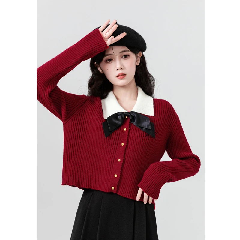 Preppy Style Lucky Red Knit Short Bowknot Jackets Black Trumpet Vest Dress 1 lub 2-częściowy zestaw Wiosna Jesień Sweter Sukienki Garnitury