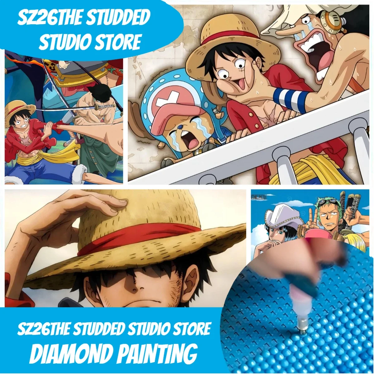 Sz26 Kit de pintura de diamantes 5D con diseño de anime One Piece Luffy Chopper Usopp, bordado de diamantes con perforación completa, mosaico de pedrería DIY