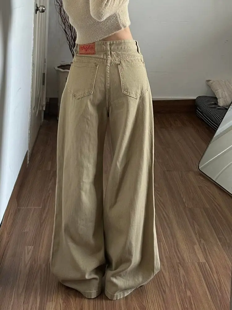 American-style Khaki Button-down Work Pants Straight-leg Autumn Winter Collection Loose Fit Slimming Effect Floor-length Fashion