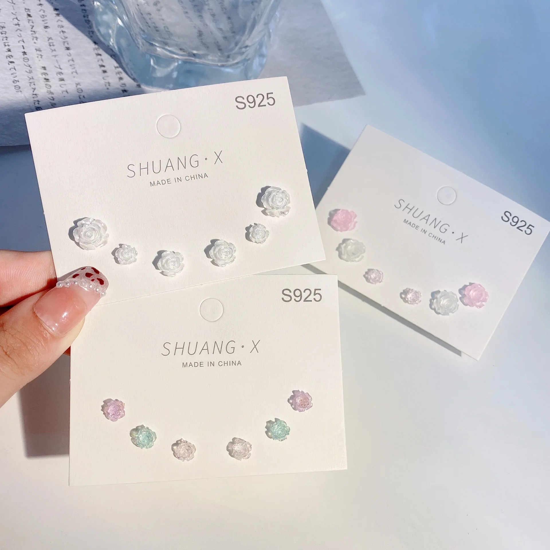 12/8/6 قطعة/المجموعة 925 الفضة إبرة الحلو لطيف أقراط الوردي الأحمر زهرة فراشة القلب مسمار طقم من الحلقان بالجملة دروبشيبينغ