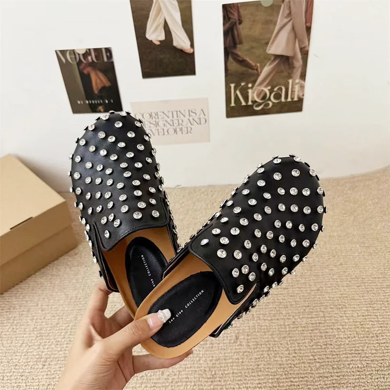 

Women Slippers Shoes Metal Rivet Rhinestone Charms Black PU Mules Outdoor Platform Modern Slippers Casual Shoes For Female