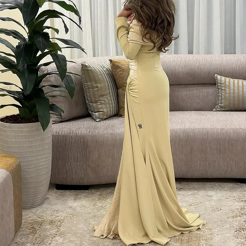 Straight Floor Length Boat Neck Off the Shoulder Evening Dress Jersey Long Sleeves Photo Color Exquisite Ribbons Panel Train