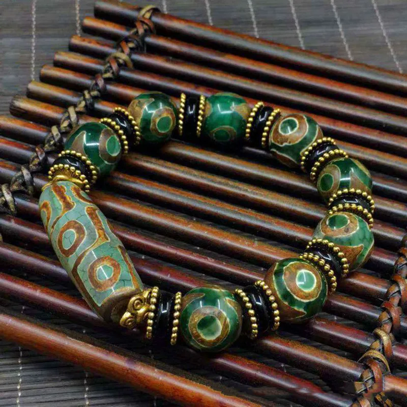 Tibetan Agate Tortoise Pattern Green Three Eye Bead Bracelet for Men and Women