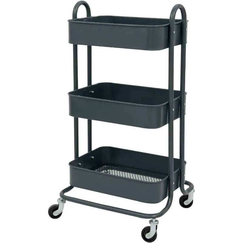 3-Tier Metal Rolling Storage Cart on Wheels Mobile Organizer with Utility Handle