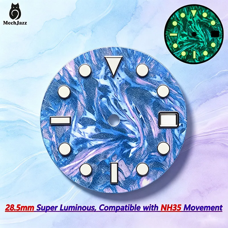MechJazz 28.5mm Swirl Texture Watch Dial, Super Green Luminous, Date Window, Fits NH35, NH36 Movement, Watch Modification Parts