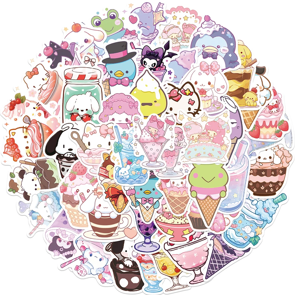 10/30/50PCS Cute Ice Cream Style Sanrio Anime Stickers Kuromi Kitty Skateboard Cute DIY Cool Graffiti Girl Gradient Sticker Gift