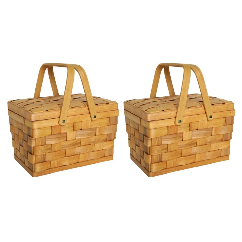 2X France Style Picnic Basket Bread Baskets Hiking Storage Box Cake Table Decorating Food Photography Hand-Wood Color