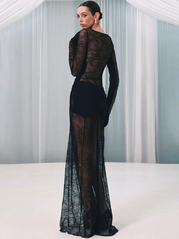 Chaxiaoa Kant Zien Door Sexy Maxi Jurk Vrouwen Jurk Elegante Sheer Patchwork V-hals Lange Mouw Bodycon Club Party Lange Jurken