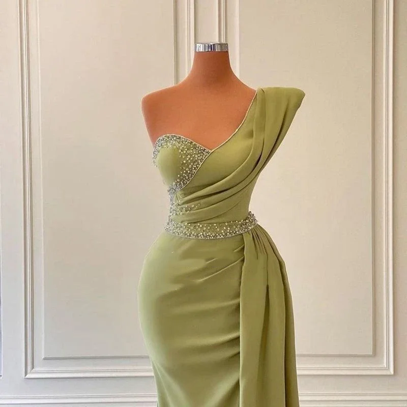 Elegant Light Green Sexy Mermaid Evening Dresses Dubai Arab One Shoulder Sleeve Pleated Beaded Party Dress High Split Porm Dress