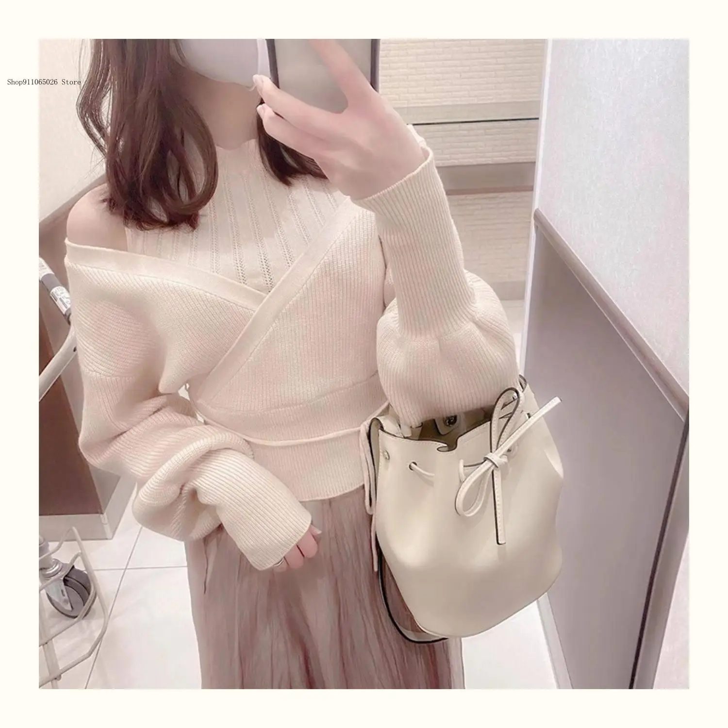 Japanese Spring and Autumn Sweet Off Shoulder Straightened High Neck Fake Two Piece Long Sleeve Knitted Shirt Tops for Women