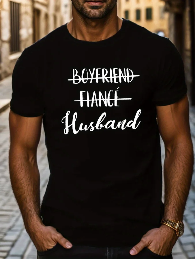 Promoted Husband' Men's Casual Short Sleeve T-Shirt - Breathable Polyester, Geometric Print, Round Neck - Perfect for Summer