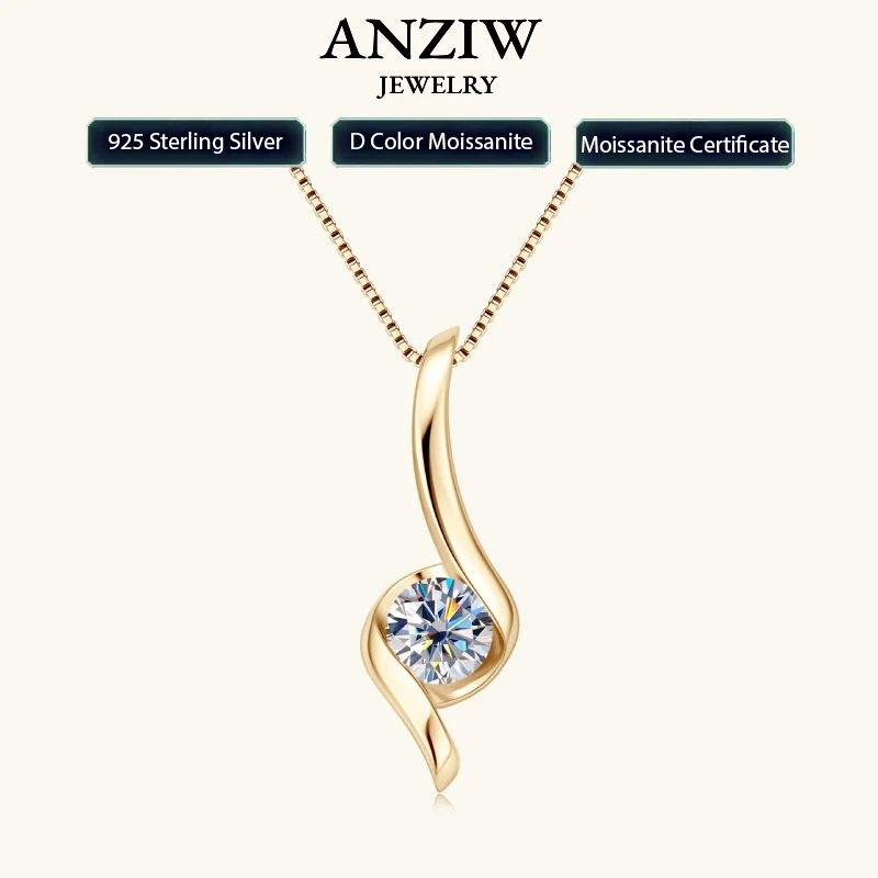 

Anziw Real 1.0Carat Moissanite Drop Twist Pendant Necklaces for Woman 100% 925 Silver Chain Certified Trendy Fine Jewelry Gifts