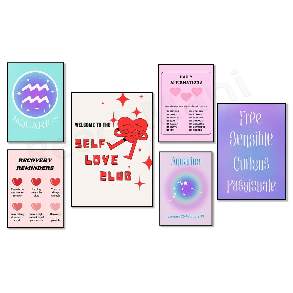 Aquarius aura poster, grainy gradient, daily affirmations positive poster, 90s art, quotes, mental health motivation poster