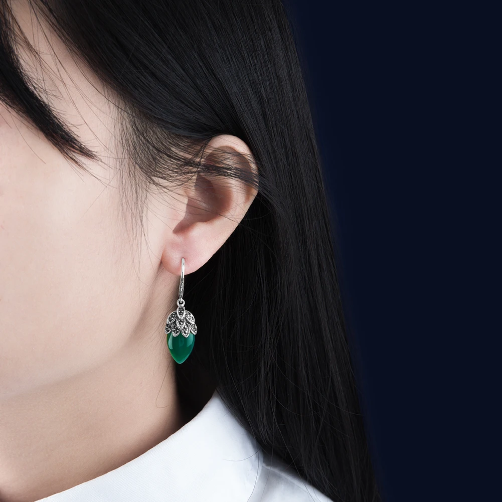 YYSuniee Synthetic Green Agate S925 Silver Earrings Earrings Exquisite Thai Silver Jewelry Thai Silver Earrings for Women