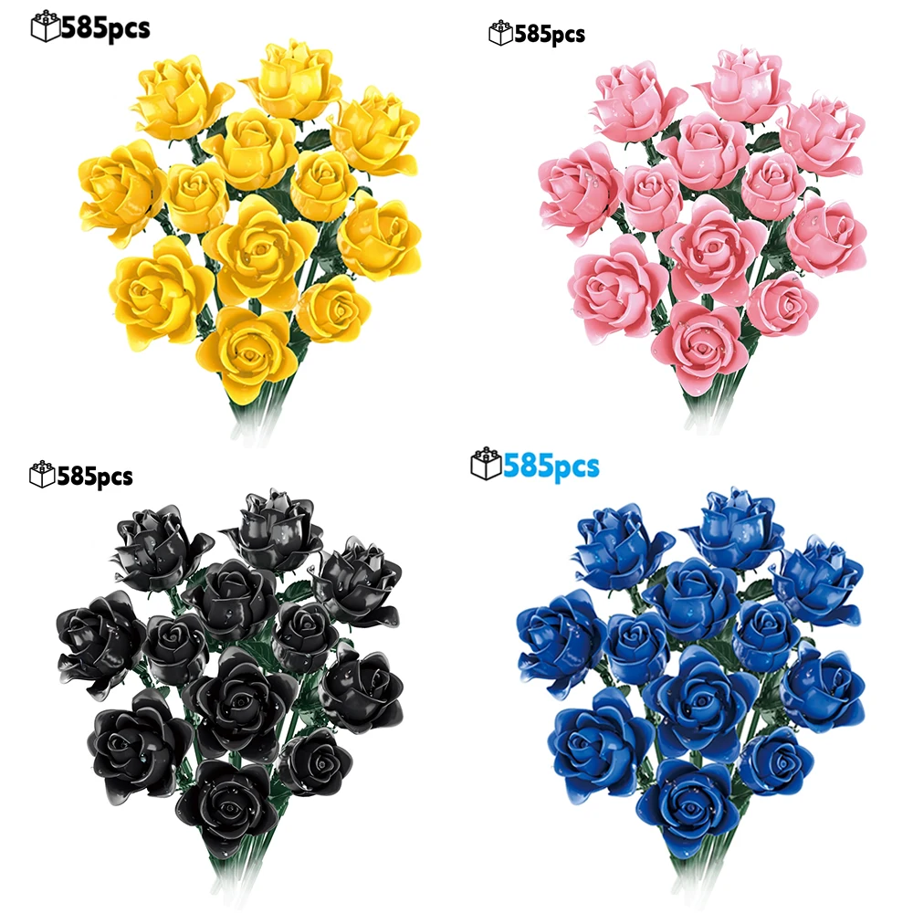 

585Pcs Multi Color Rose Building Blocks Bouquet Set Gothic Black Romantic Pink Calm Blue Creative Decor Valentine Gift Women