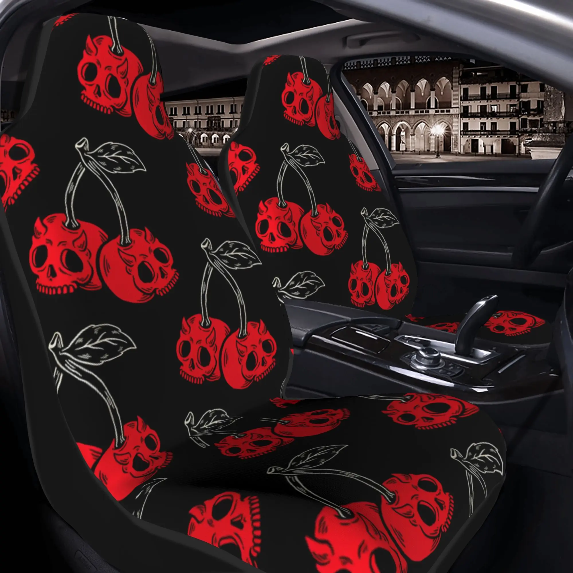 2pcs Skull Cherries Cute Cartoon Printed Car Seat Cover Universal Front Seat Cushion Anti-Fouling Non-Slip Auto Seat Protection
