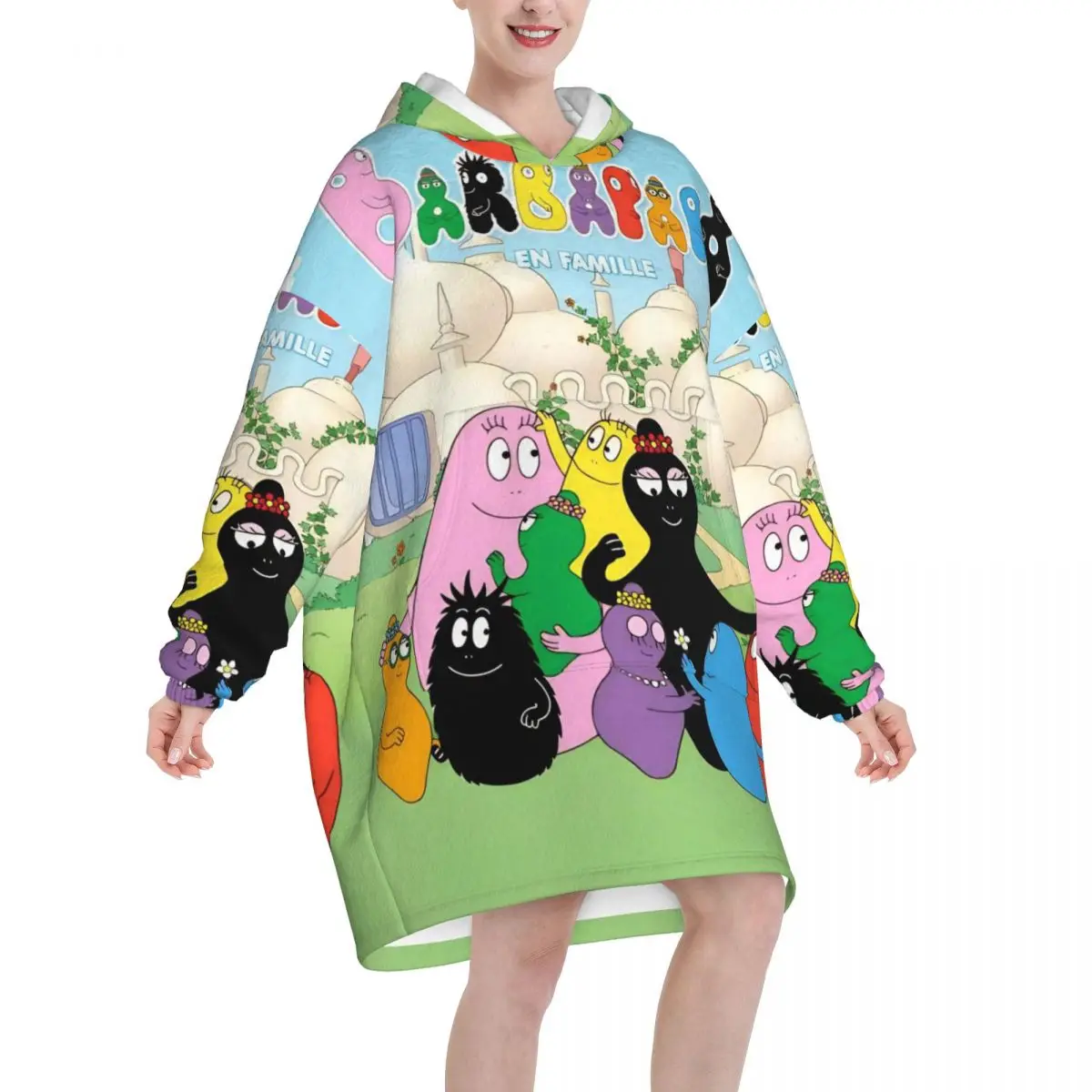 Kawaii Barbapapa الكرتون بطانية هوديي يمكن ارتداؤها بطانية كبيرة مع جيب كيس النوم الدافئة لينة مريحة نيسيي