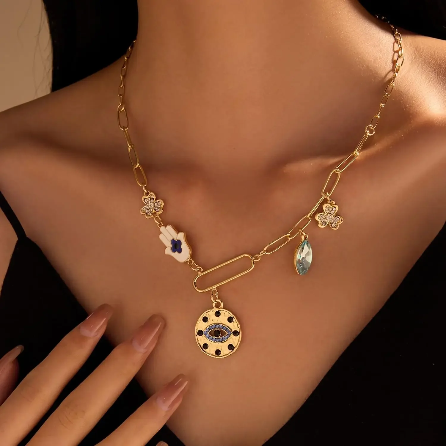 خمر الذهب أربع أوراق البرسيم شرابة قلادة الأبيض النخيل جولة الشيطان العين قلادة القلائد للنساء هدية عيد ميلاد المجوهرات