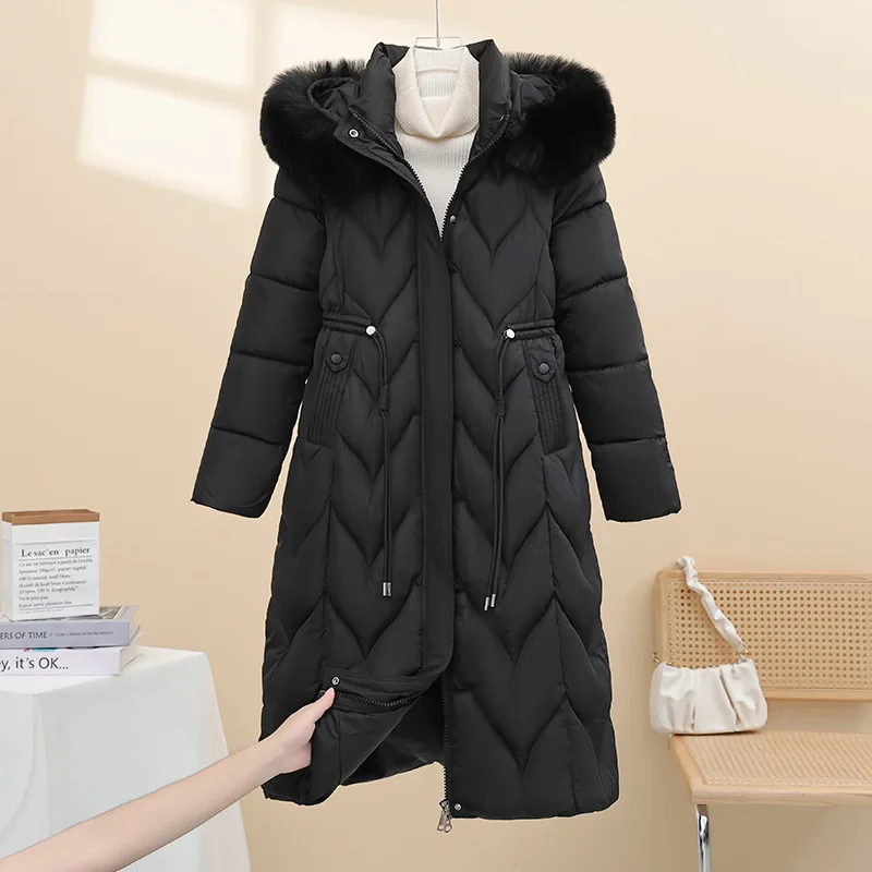 Parkas Hooded Women Fur Collar Drawstring Thick Warm Coats Zipper Pockets Midi Length Jackets Solid Casual Autumn Winter