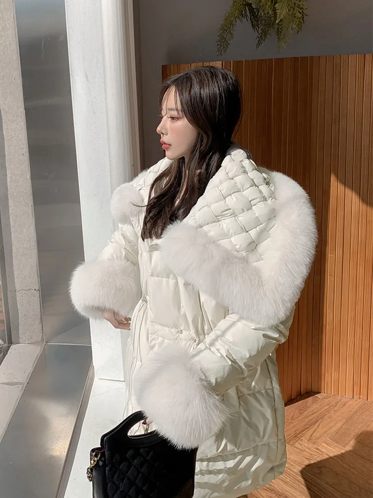 Women\'s Winter 90% White Duck Down Coat With Big Turn Down Collar Natural Fox Fur Trim Luxury Down Jacket Warm Female Clothing