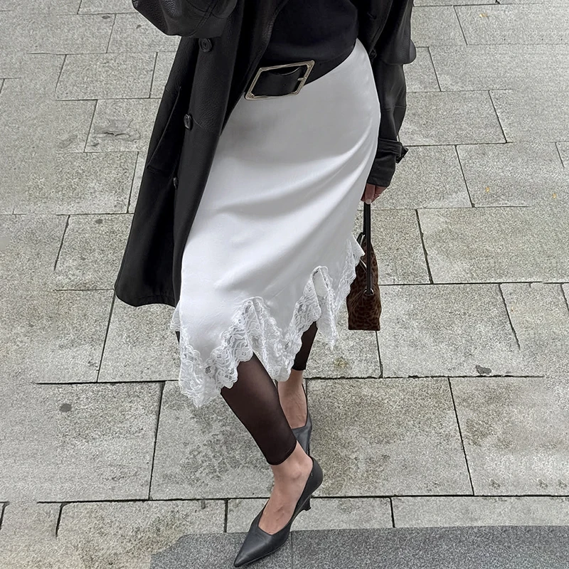 

Tornova Lace Splice White Skirt Women High Waist Elegant Irregular Mid-Length Skirt 2025 Autumn Fashion New A-line Slim Skirt