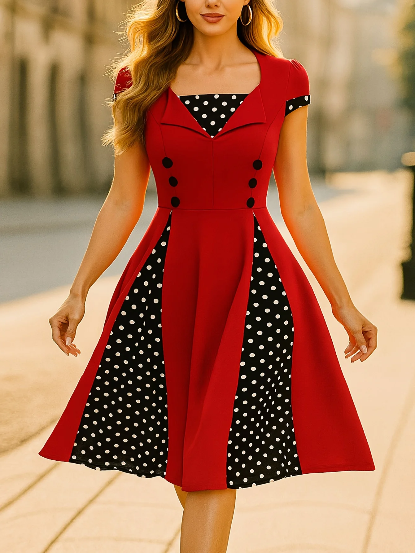 Vestido de mujer estilo rockabilly vintage de los años 50 con botones, manga casquillo, estampado de lunares, cuello cuadrado y corte acampanado tipo skater.