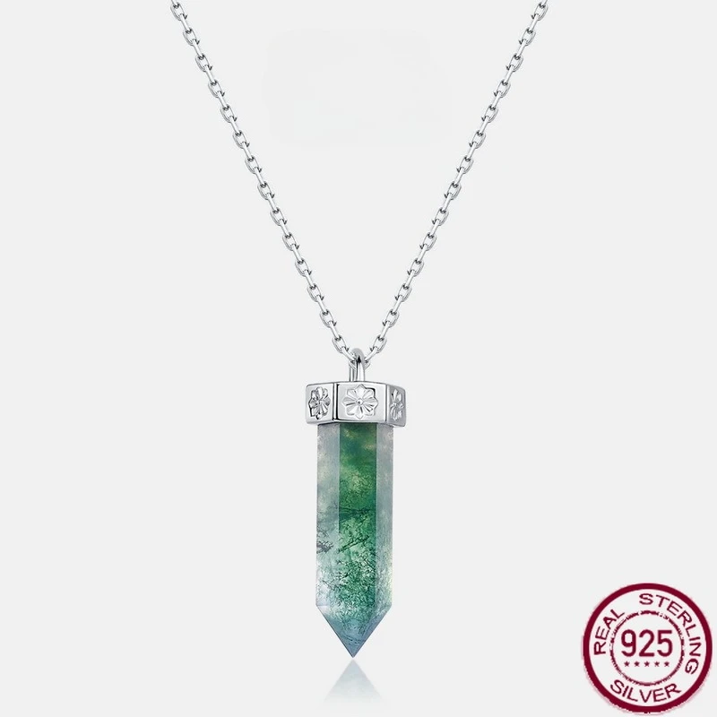 

New S925 pure silver single pointed hexagonal column green moss stone inlaid with water grass agate necklace wedding jewelry