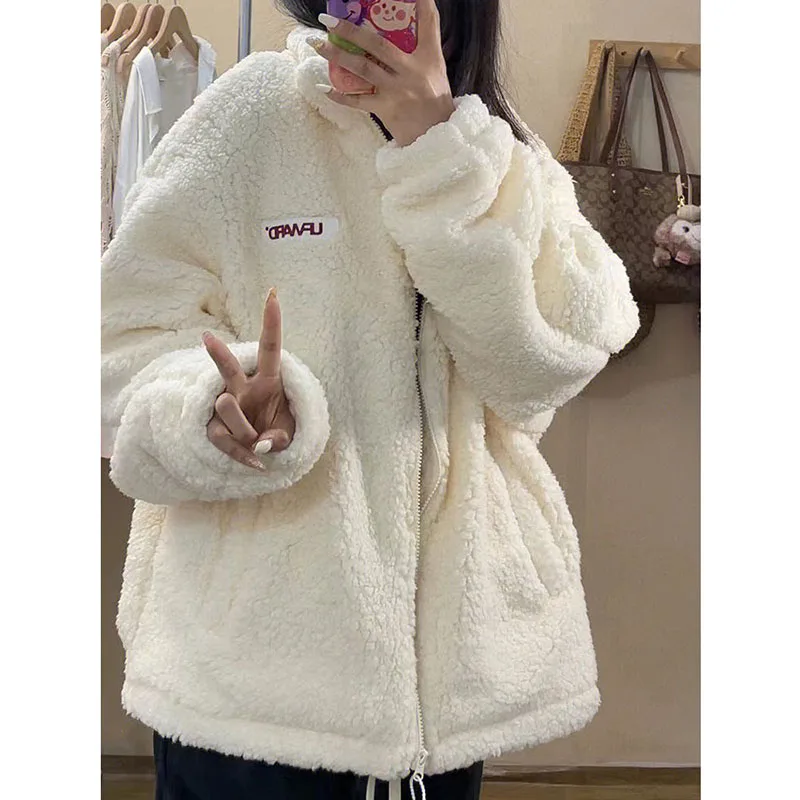 White Lamb Wool Jacket for Women Autmn Winter Loose Thicken Warm Plush Outwear Korean Zipper Stand Collar Faux Fur Coat Ladies