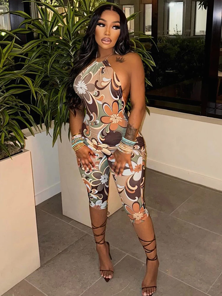 花柄セクシージャンプスーツ レディース 2025 夏 バックレス ノースリーブ スキニー ロンパース ナイトクラブ パーティー オーバーオール プレイスーツ