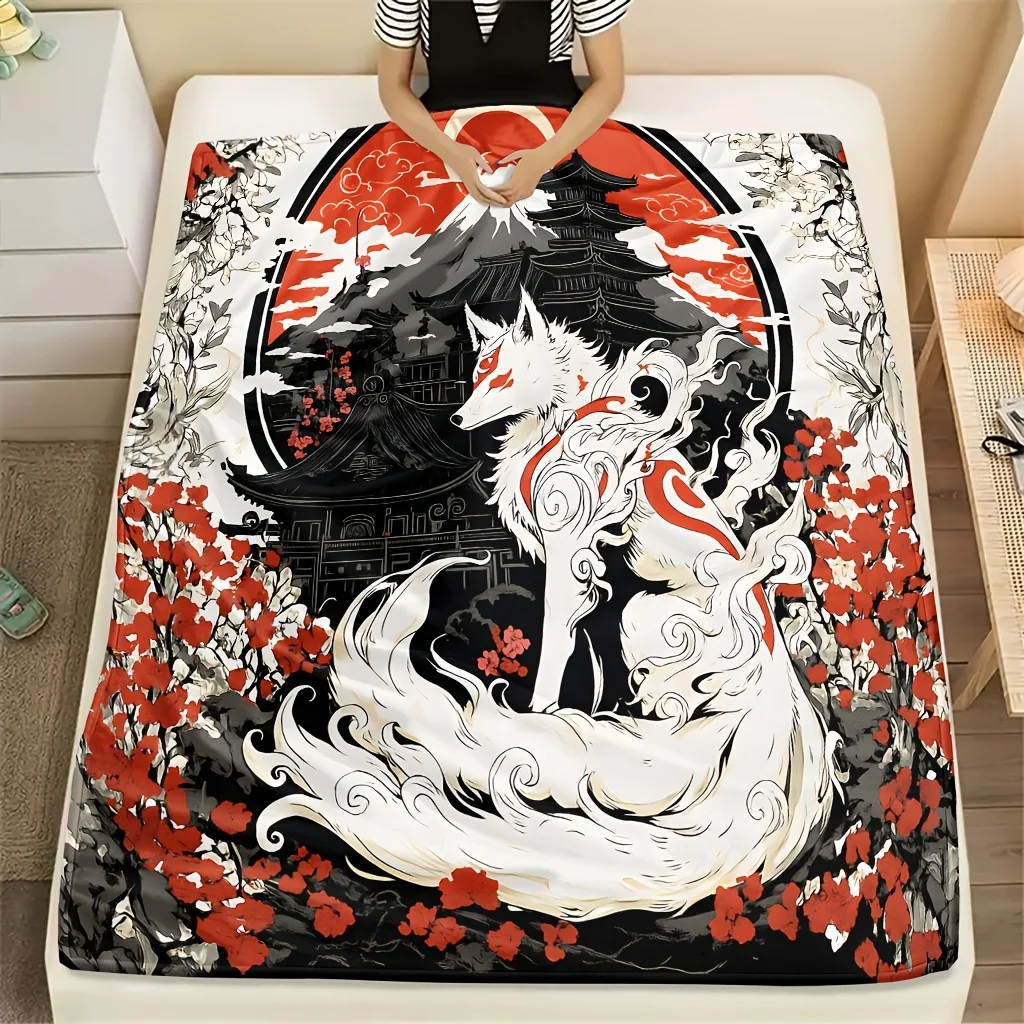 A Cozy Nine-Tailed Fox Themed Fleece Blanket with Soft High-Definition Digital Printing in a Japanese Fantasy Style, Featuring a