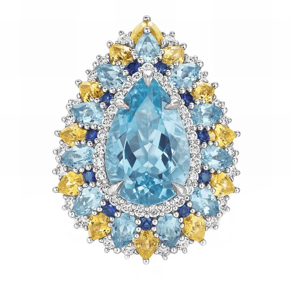 

Luxury Artificial Aquamarine Cluster Statement Ring 925 Sterling Silver Women's Multi-gem Halo Cocktail Party Fine Jewelry Gifts