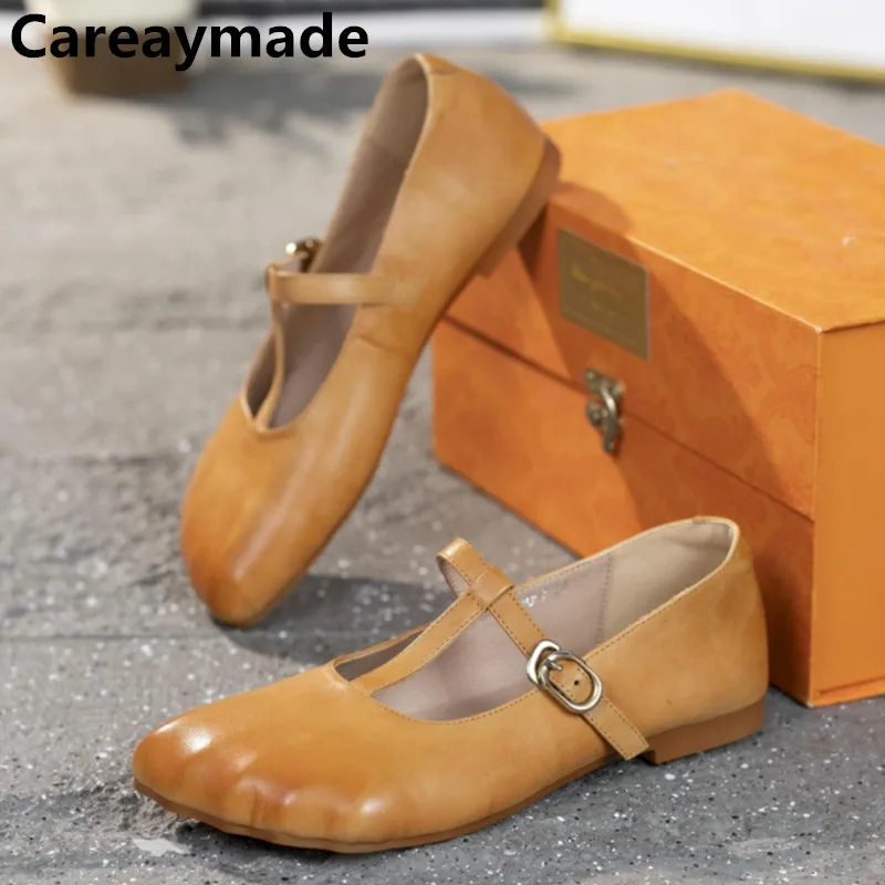 Careaymade-Genuine Leather pure handmade Shoes One line Buckle Simple Mary Jane Women\'s Shoes Shallow Mouth Flat Single Shoes