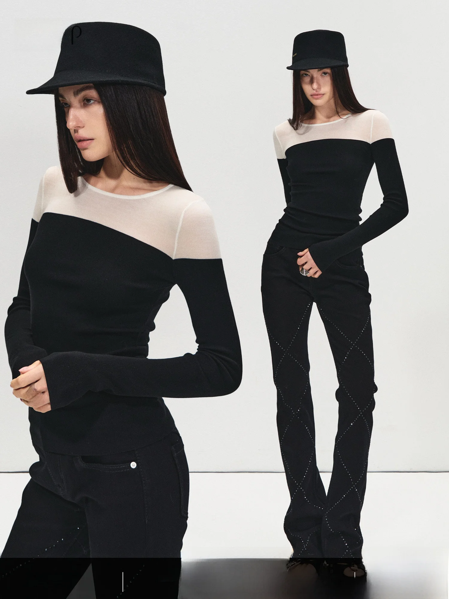 

Classic Faionable RPRP Silk Blend Slimming Bla White Splicing Semi-Transparent Layering Base irt Casual Sle Long Sve