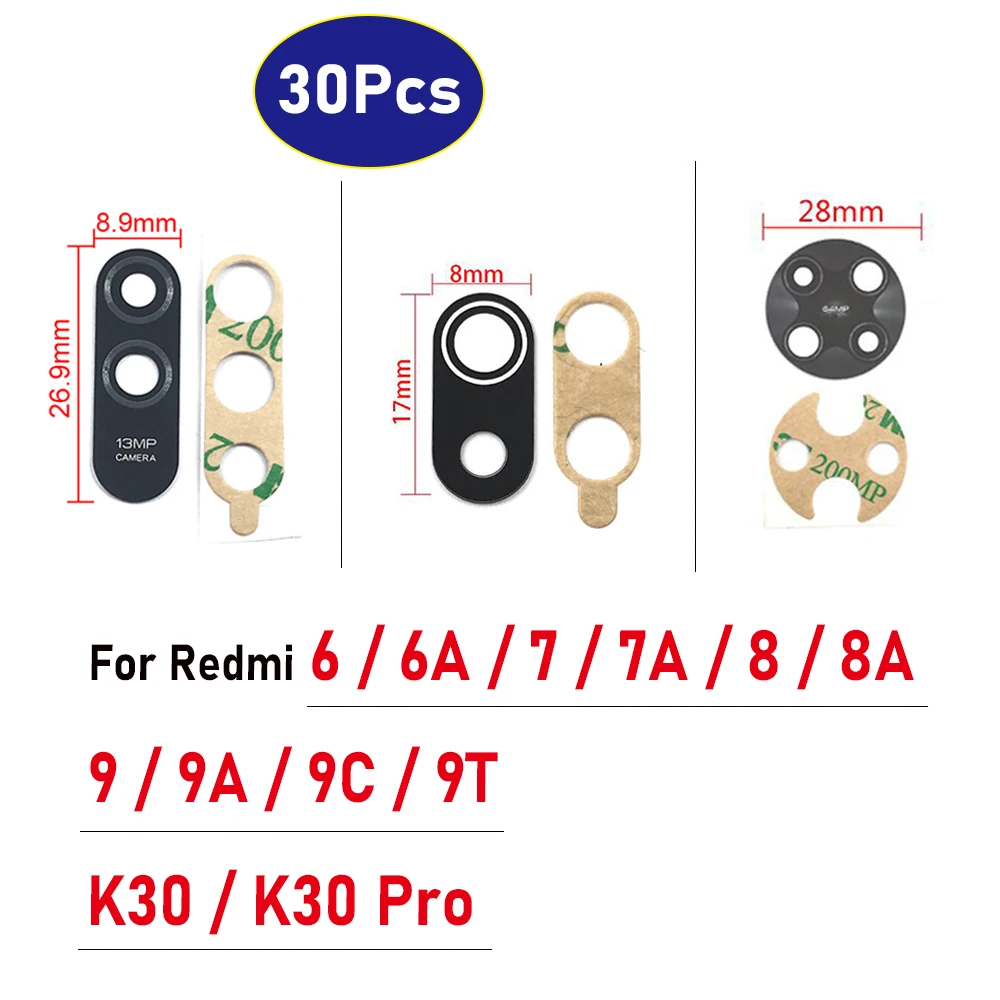 30Pcs，For Xiaomi Redmi K40 6 6A 7 7A 8 8A 9 9A 9C 9T K30 Pro K40s K40 Gaming Back Rear Camera Glass Lens With Ahesive Sticker