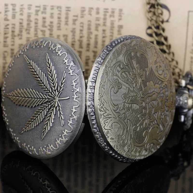 남녀공용 빈티지 쿼츠 포켓 시계, 행운의 단풍잎 양각 포켓 시계, 펜던트 목걸이 시계, 생일 선물