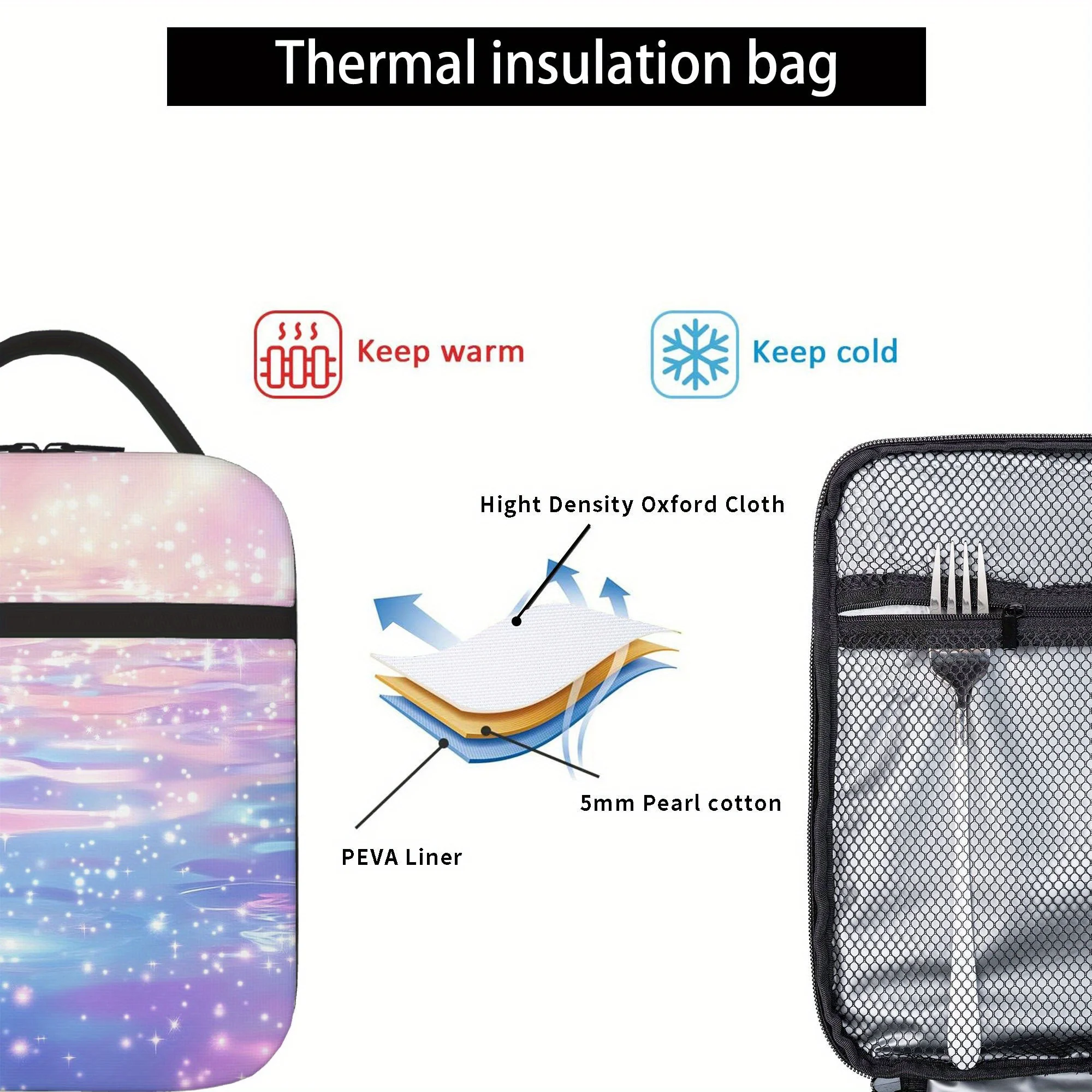 Pastel Pink to Blue Gradient Thermal Insulated Bag Portable Thermal Bag for Home, Office, Restaurants, Travel